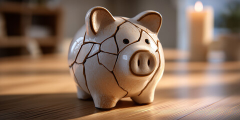 3D render of a piggy bank with cracked skin on a wooden table. The pig features visible cracks and broken parts, symbolizing financial distress. 