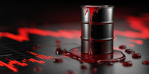 A black barrel of oil with red liquid dripping from it lies on the stock market chart.  Oil crash concept.