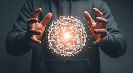 Digital network sphere held by a person, symbolizing connection and innovation