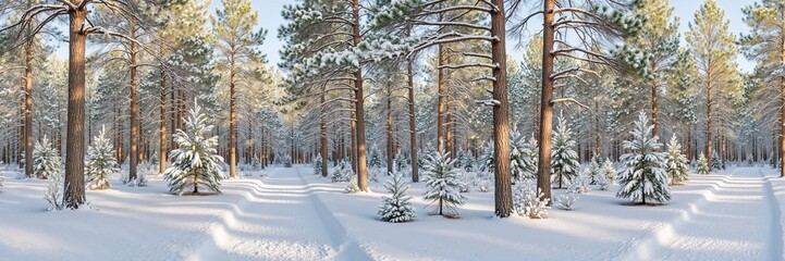 Fototapeta premium long winter background for banner, Snowy winter forest with tall pine trees and snow-covered ground 