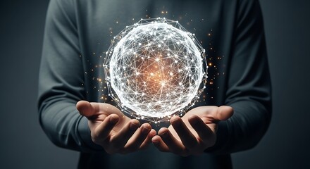 Digital sphere in human hands representing network technology and innovation