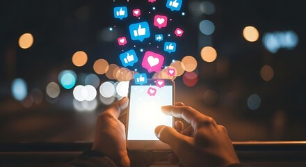 Engaging with social media on a smartphone with night scene background