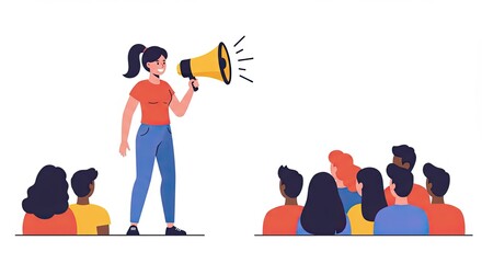 Illustration of a woman speaking to a crowd with a megaphone, flat design