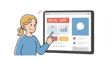 Illustration of a woman using a tablet to explore a new application interface
