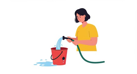 Illustration of a woman with a leaking bucket and water hose on white background