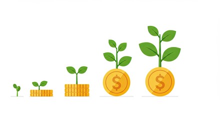 Illustration of growing money plant with gold coins on white background
