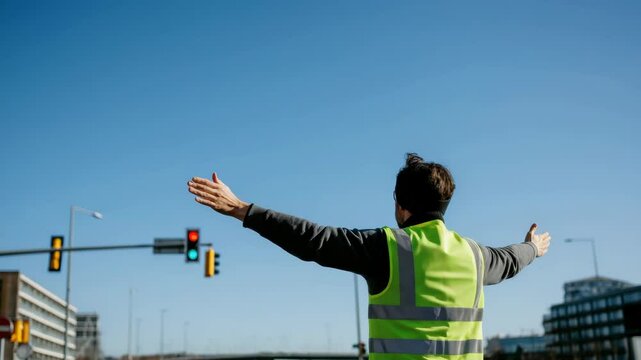 Male worker in reflective vest directing traffic urban area under clear blue sky