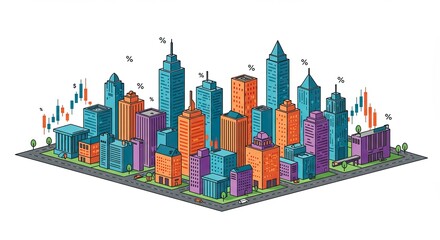 Isometric illustration of a city skyline with buildings and stock market charts