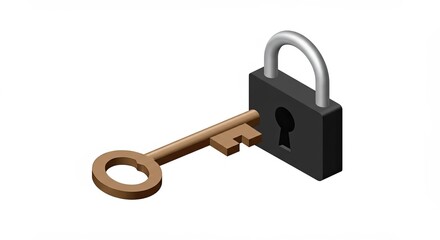 Isometric illustration of a key being inserted into a black padlock on white