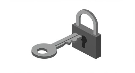 Isometric illustration of a padlock with a key inserted on a white background