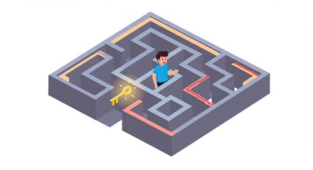Isometric illustration of a confused man in a maze seeking a golden key