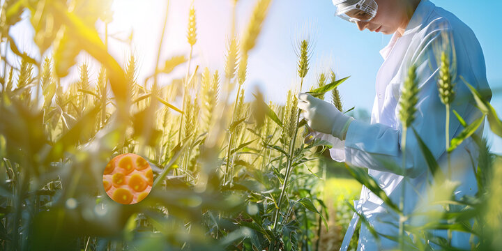 Scientist Working in Wheat Field with Yellow Sunlight and Green Crops, Agricultural Researcher Analyzing Wheat in the Field, Outdoor Scientific Study on Crops and Plants

