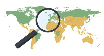 Magnifying glass over a world map highlighting regions and countries visually