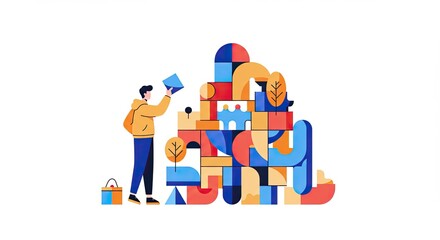 Man Building a Tower with Colorful Geometric Shapes Illustration on White Background