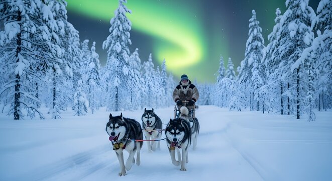 Dog sledding adventure in winter wonderland with aurora borealis northern lights experience travel