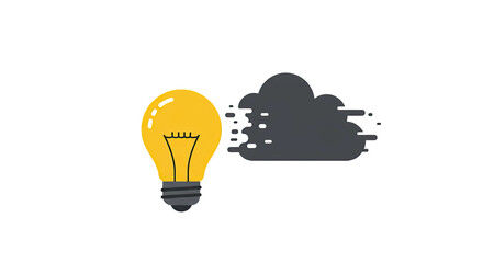 A bright yellow light bulb shining next to a dark cloud representing an idea