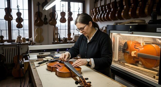 Violin repair shop woman repairing violin string instrument luthier workshop musical instrument restoration