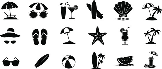 Summer and Beach Vacation Icon Set – Tropical Holiday Silhouettes Collection

