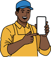 Young man in yellow shirt and blue cap holding and pointing at blank smartphone screen vector illustration 