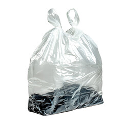 Transparent plastic bag filled with dark objects isolated on black background