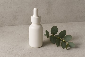 A minimalist composition of a white dropper bottle next to a fresh green eucalyptus branch
