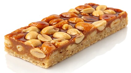 Close up of a peanut caramel bar on a white reflective surface