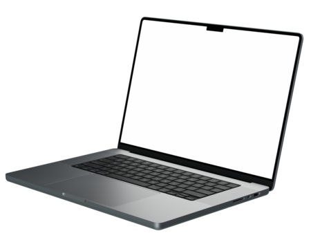 Isolated laptop mockup without background with white blank screen. super high resolution 4k 8k