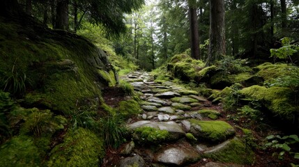 Fototapeta premium Stone path through lush forest landscape with moss and green vegetation