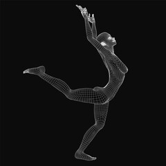 A graceful ballerina in a leotard strikes a poised dance stance with arms and legs elegantly extended. Her detailed facial features show serenity, eyes closed and lips slightly parted, while her hair.