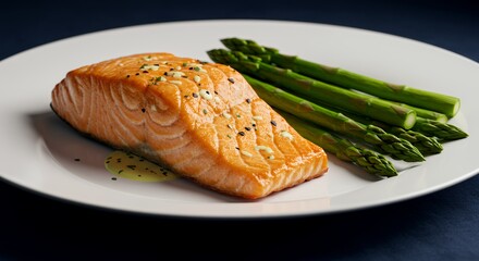 Indulge in the Exquisite Flavors of Pan-Seared Salmon with Delicate Asparagus, a Culinary Masterpiece on a Pristine White Plate.