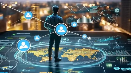 Man analyzing global data trends on a digital interface with city skyline in the background - Powered by Adobe