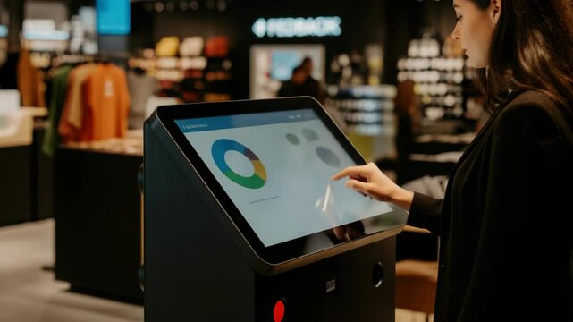 Woman using touchscreen kiosk in modern store setting