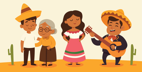 set of mexican characters with traditional costume, happy family reunited