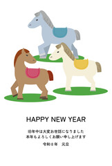 色違いの３頭の馬による午年年賀状イラスト