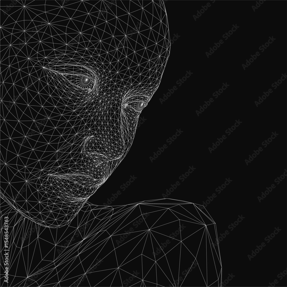 Poster wireframe portrait of a woman's face composed of interconnected lines and dots, creating a striking 