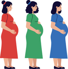 Obraz premium Pregnant women in red green and blue dresses side view vector illustration for motherhood and pregnancy care 