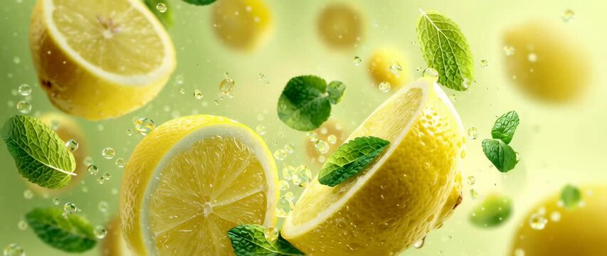 Anamorphic video Fresh lemon slices, green mint leaves floating against a light lime and few dewdrops 