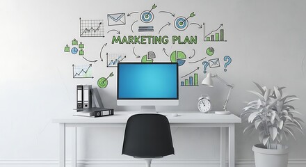 Modern office with marketing plan wall art, a minimalist and creative workspace