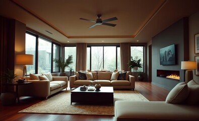 Fototapeta premium A haven of modern elegance a spacious living room exudes tranquility with its earthy tones plush sofa and minimalist decor inviting relaxation and contemplation