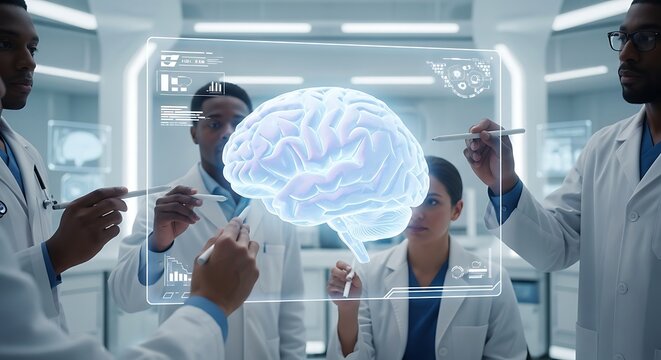 Multicultural medical team analyzing brain scan with holographic interface in modern laboratory