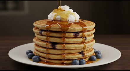 Indulge in the Golden Syrup Drizzle Over a Stack of Fluffy Blueberry Pancakes Topped with Creamy Whipped Cream