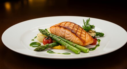 Indulge in this exquisite gourmet dish: pan-seared salmon fillet artfully arranged with vibrant asparagus spears, roasted cherry tomatoes