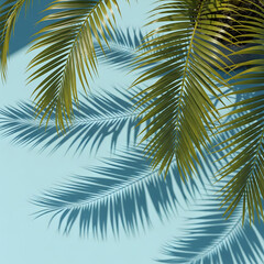 Naklejka premium Tropical palm fronds with deep green leaves cast long, detailed shadows against a light blue background