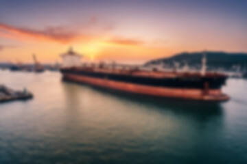 Fototapeta premium blurry photo of giant tanker ship docked at port to transport oil from land, sunset, energy.