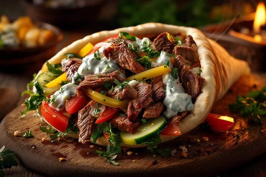 A delicious gyro sandwich filled with meat, vegetables and sauce, sitting on a wooden plate. Perfect for any meal, this mouthwatering dish will delight your taste buds