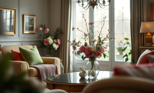 A spring living room a symphony of elegance and warmth welcomes guests with its inviting design A plush armchair adorned with vibrant cushions invites relaxation while a vase brimming with Easter bloo