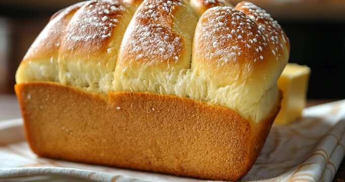 Delicious loaf of brioche bread with sugar topping and butter.