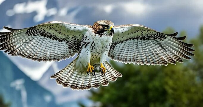 Red-tailed hawk in flight, talons gripping prey, against a mountain backdrop.