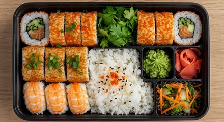 Delightful Sushi Bento Box: A vibrant array of fresh sushi rolls, shrimp nigiri, rice, wasabi, pickled ginger, and a refreshing salad, perfectly arranged in a sleek black takeout container.