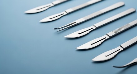 Obraz premium Sharp surgical scalpel blades and tweezers arranged on a blue background, tools